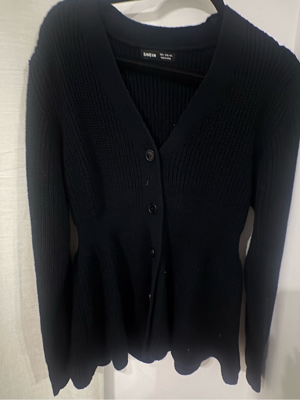 SHEIN Black Ribbed V-Neck Button-Up Peplum Cardigan